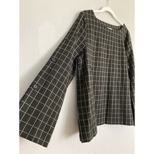 NEW J.Jill Ponte Top Button Sleeve Blouse Plaid Grid LARGE Petite Black